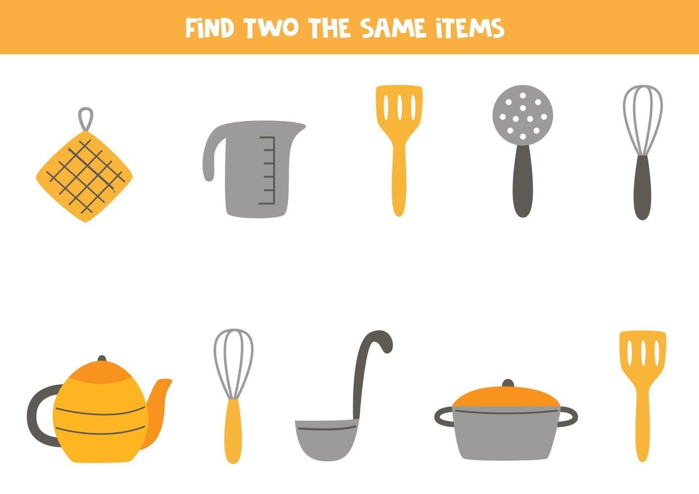 Find two identical kitchen elements. Educational game for preschool children vector