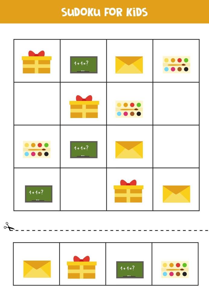 Sudoku game for kids with cartoon rectangular objects. vector