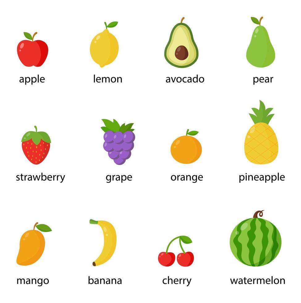 conjunto de frutas y bayas coloridas con nombres. ilustraciones vectoriales. vector