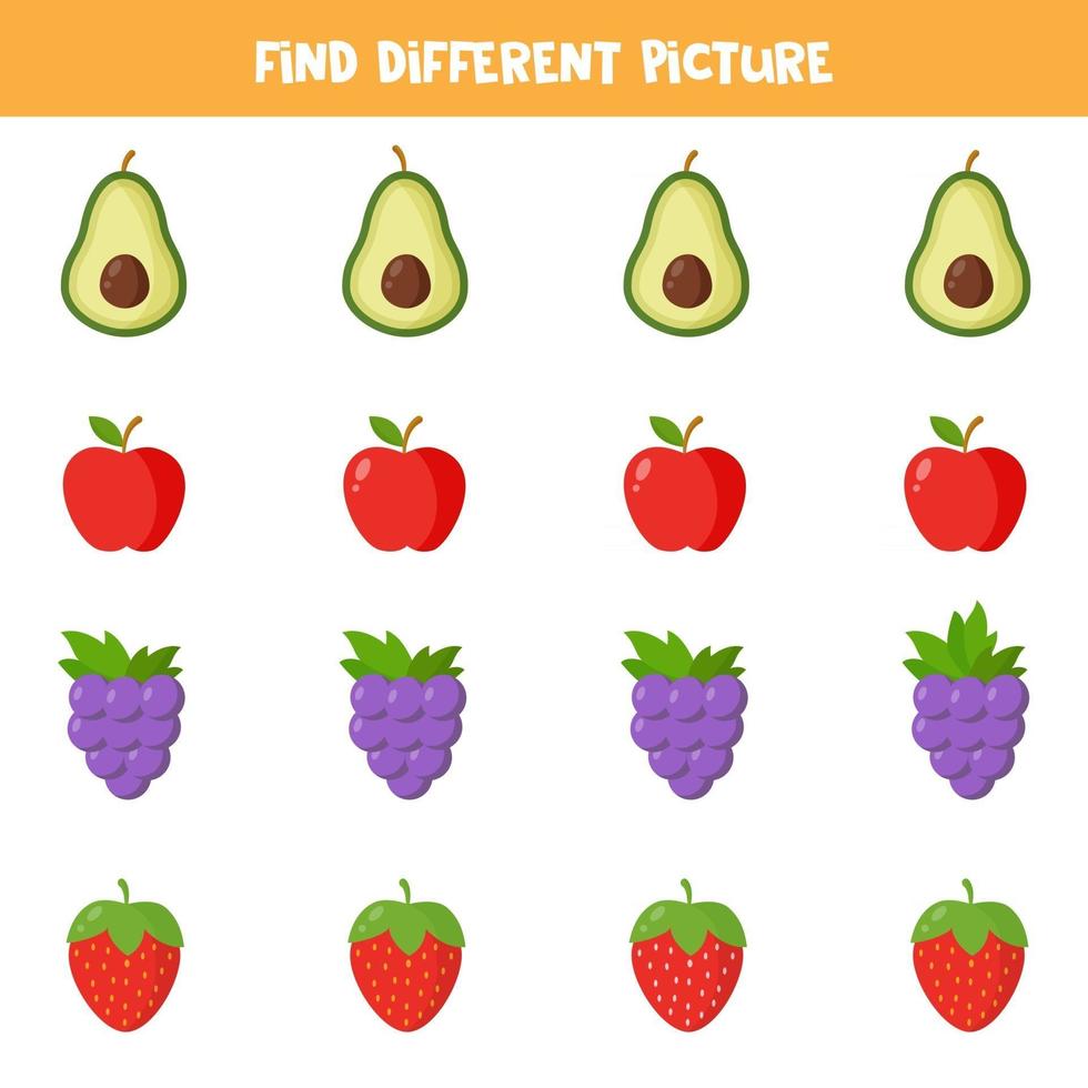 Find fruit or berry which is different from others. Worksheet for kids. vector