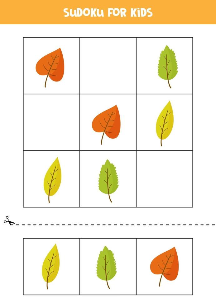 Sudoku game for kids with cartoon autumn leaves. vector