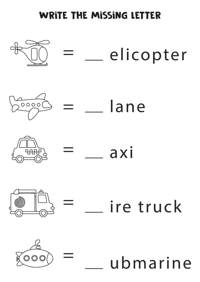 Worksheet for kids. Write the missing letter. Black and white transport. vector