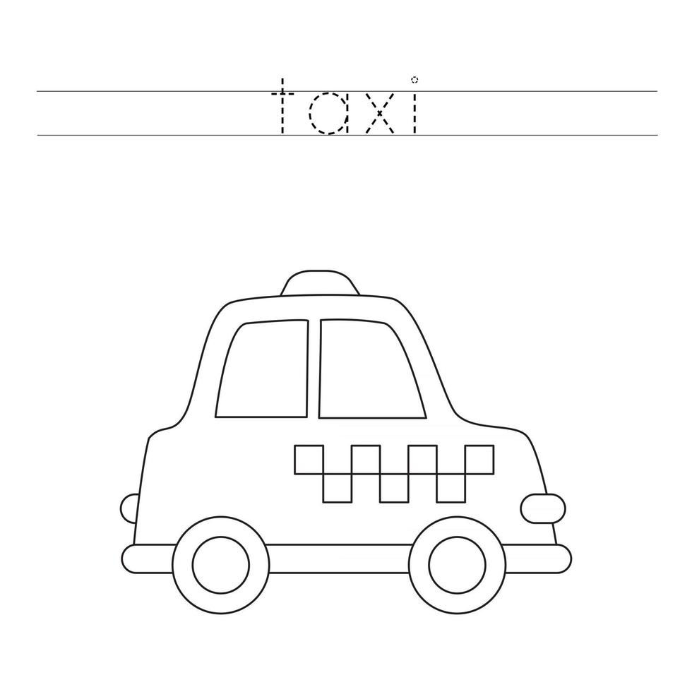 trazando letras con taxi en blanco y negro. práctica de escritura para niños. vector