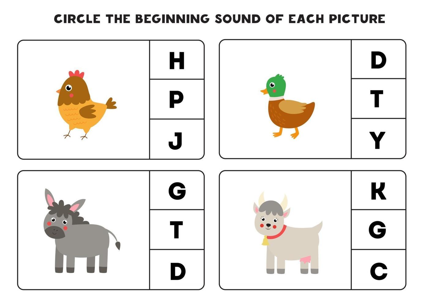 Worksheet for kids. Find the beginning sound. Cute farm animals. vector