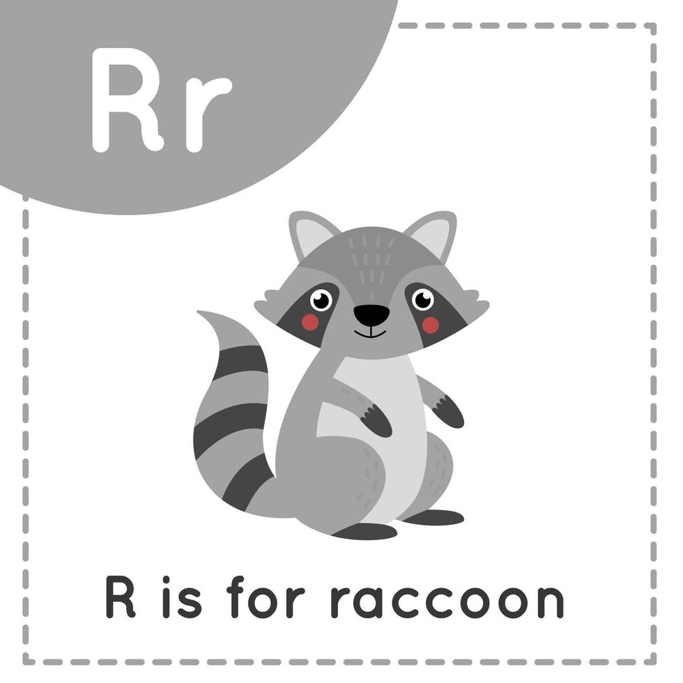 Learning English alphabet for kids. Letter R. Cute cartoon raccoon. vector