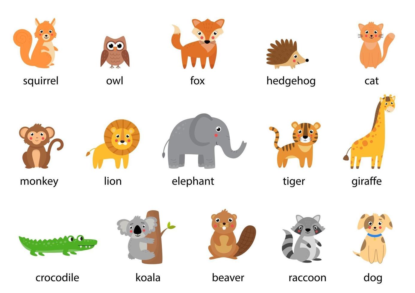 Set of cute cartoon animals with names. Vector illustrations.