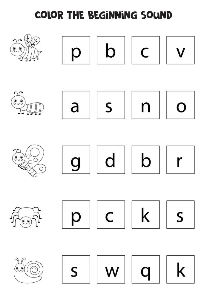 Learning English language for children. Color the beginning sound. vector