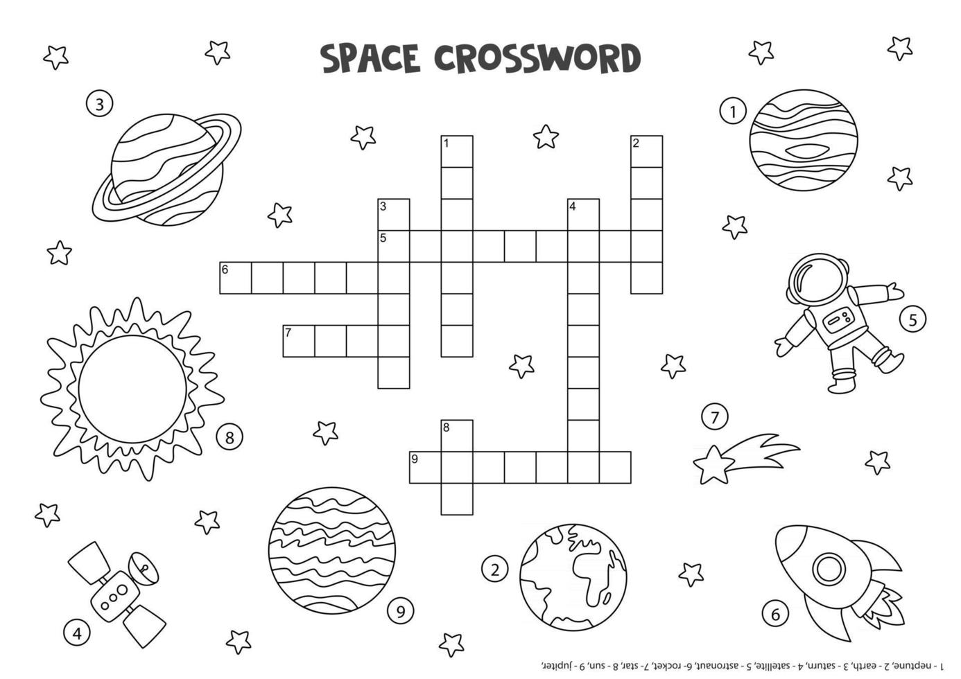 crucigrama de espacio en blanco y negro para niños con planetas del sistema solar, sol, cohete. vector