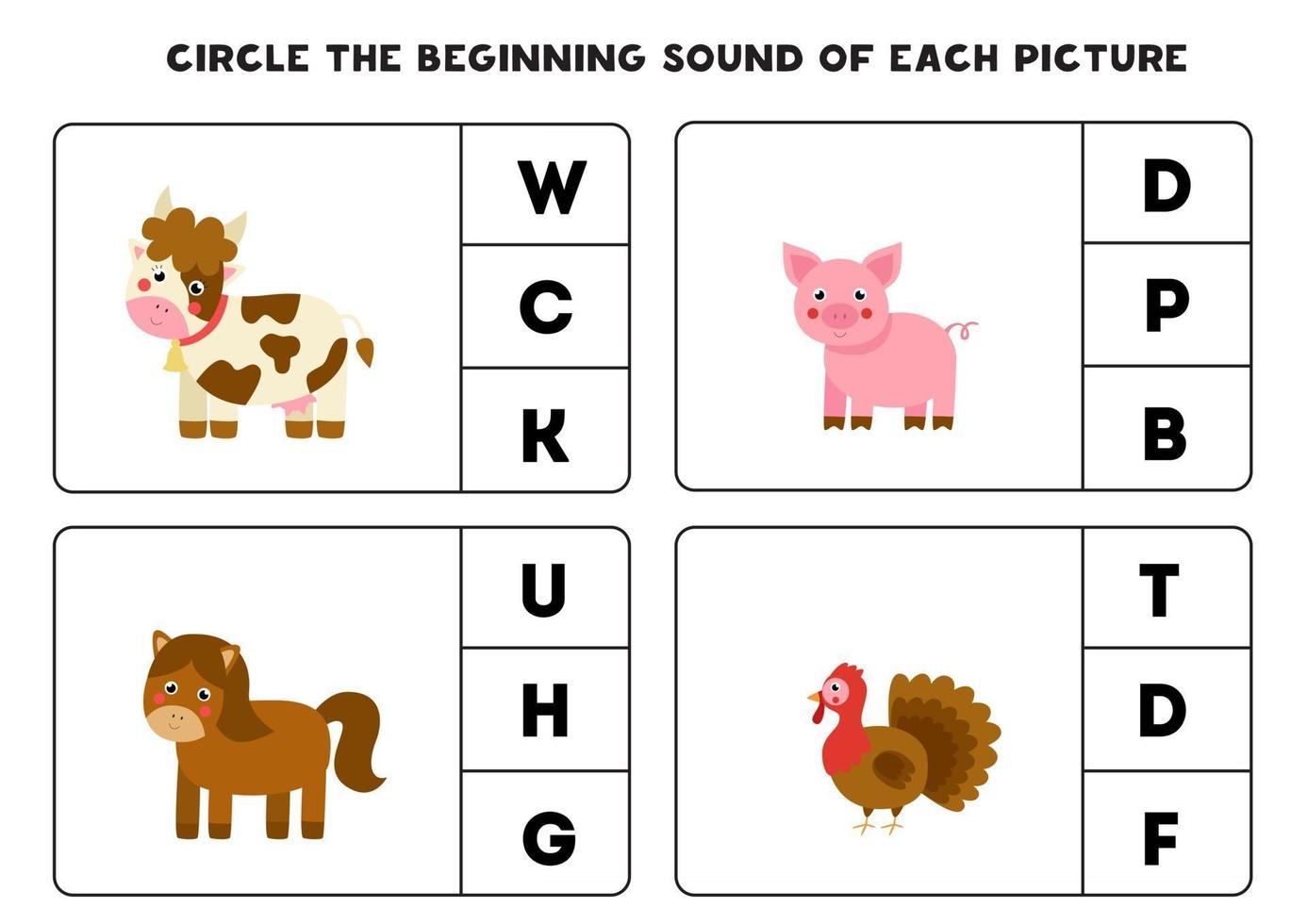 Worksheet for kids Find the beginning sound Cute farm animals vector