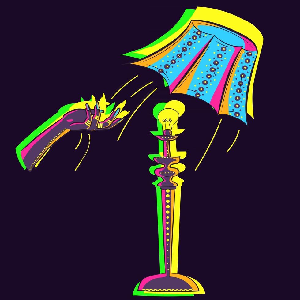 Vector art of an illustrated adage. hand throwing shade off of a lamp. Conceptual drawing of a home illuminated decor object glowing under neon lights