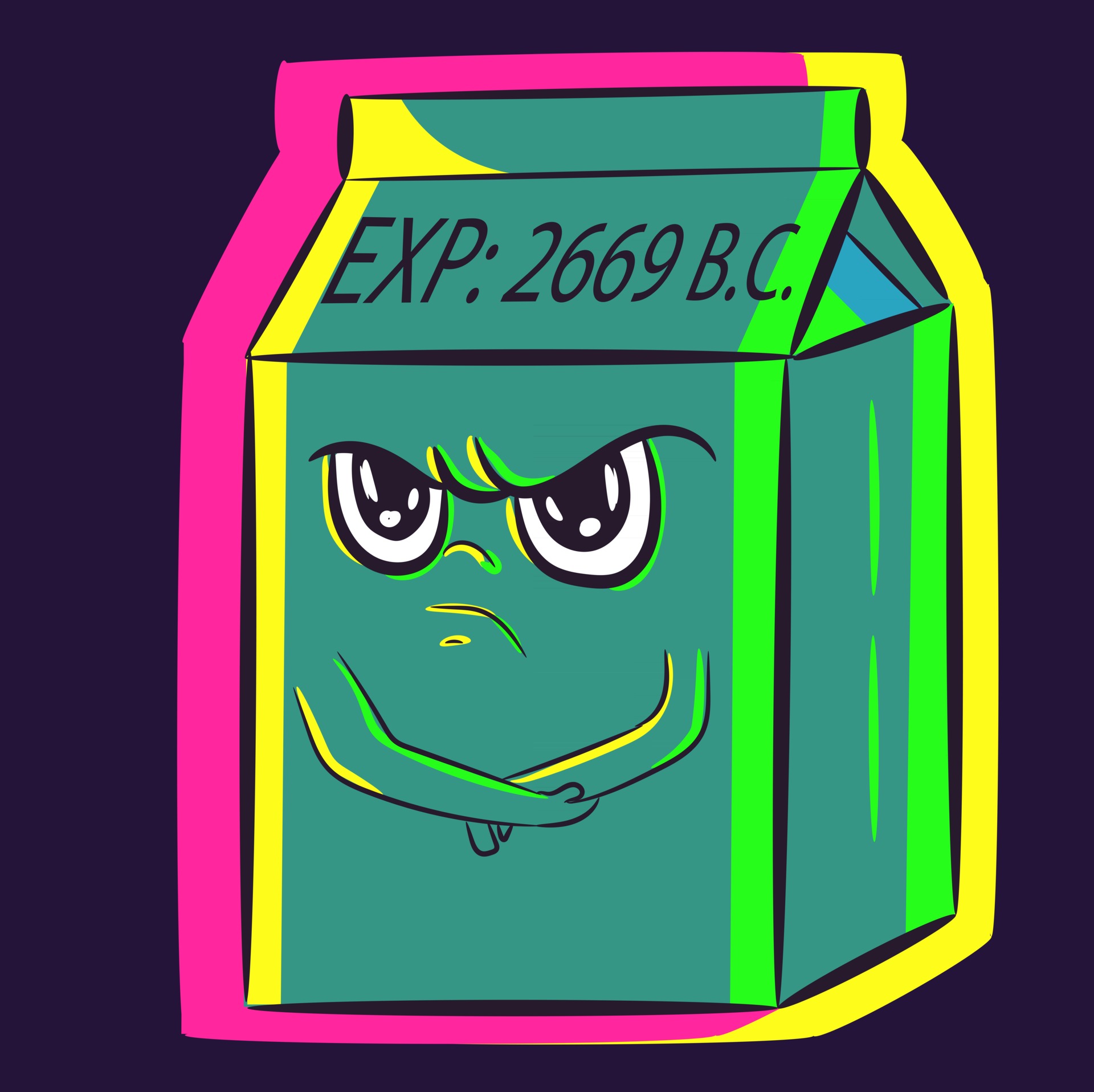 Conceptual art of a funny cartoon character. A carton of spoiled and expired milk staying with its arms crossed in a brat position. Yogurt box with an ungrateful facial expression throwing a Conceptual art of a funny cartoon character. A carton of spoiled and expired milk staying with its arms crossed in a brat position. Yogurt box with an ungrateful facial expression throwing a