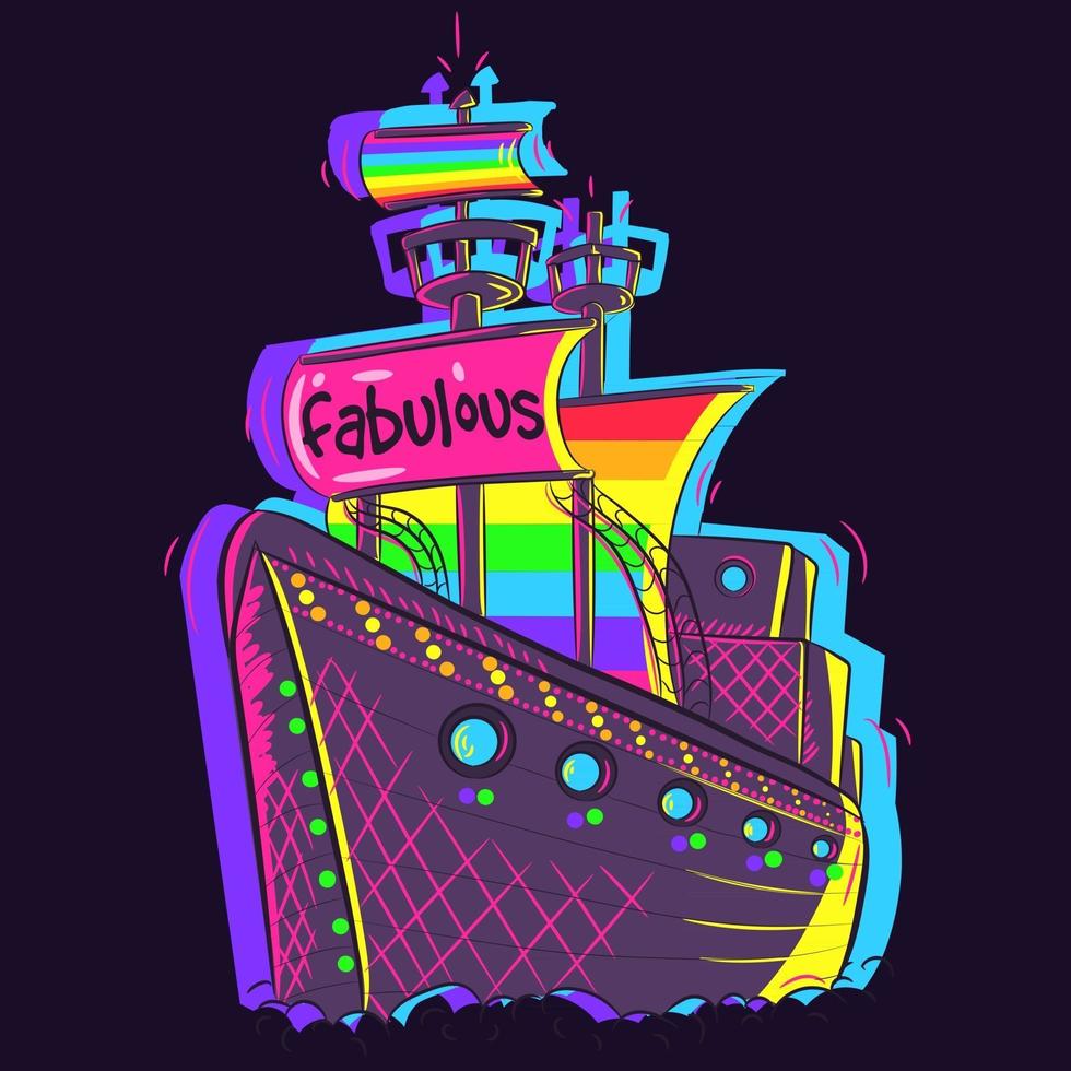 Vector art of a fabulous pink pirate ship with rainbow LGBT flags. Conceptual art of a wooden boat under neon lights navigating on the sea.