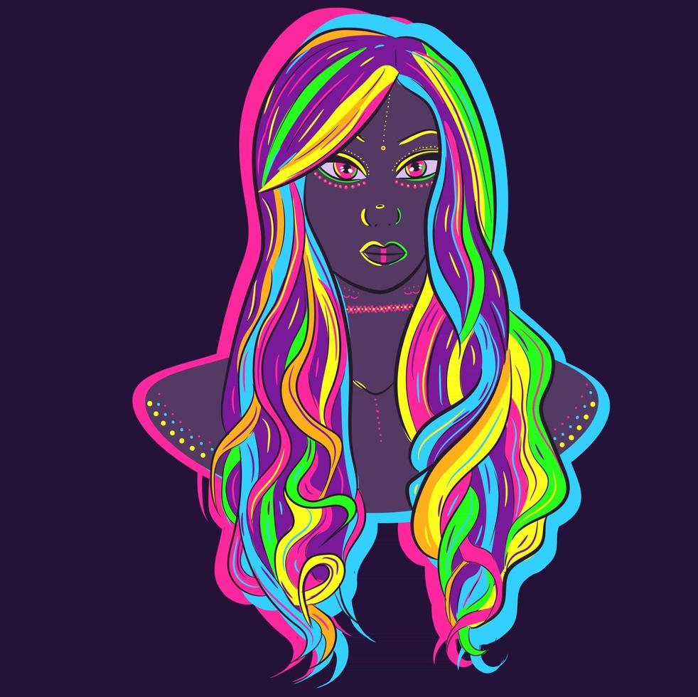 Ilustración de neón de una mujer de neón con cabello colorido. arte vectorial de un maniquí con una peluca rizada de arco iris. vector