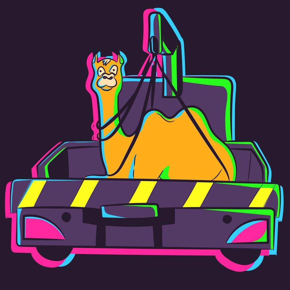 Vector of a camel in a towing car. Illustration of a neon animal inside a tow