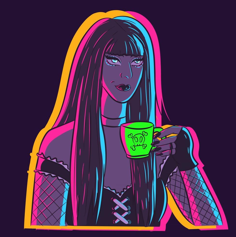 Vector art of a young girl under neon lights in gothic clothes drinking a cup of tea. Cartoon illustration of a grunge woman relaxing and holding a mug with coffee