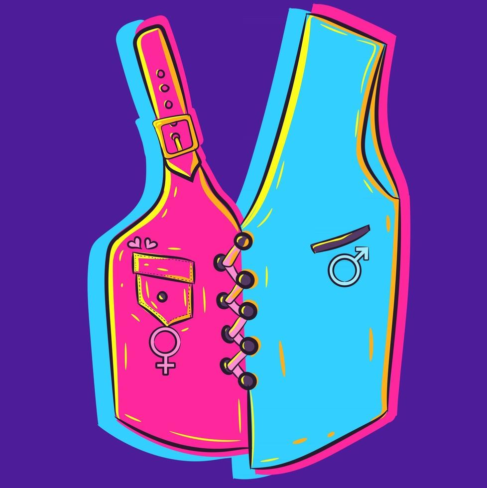 arte vectorial de un chaleco unisex con dos lados y con el símbolo masculino y femenino en él. chaqueta de neón con un fabuloso material rosa y azul. Abrigo sin mangas elegante y clásico. vector