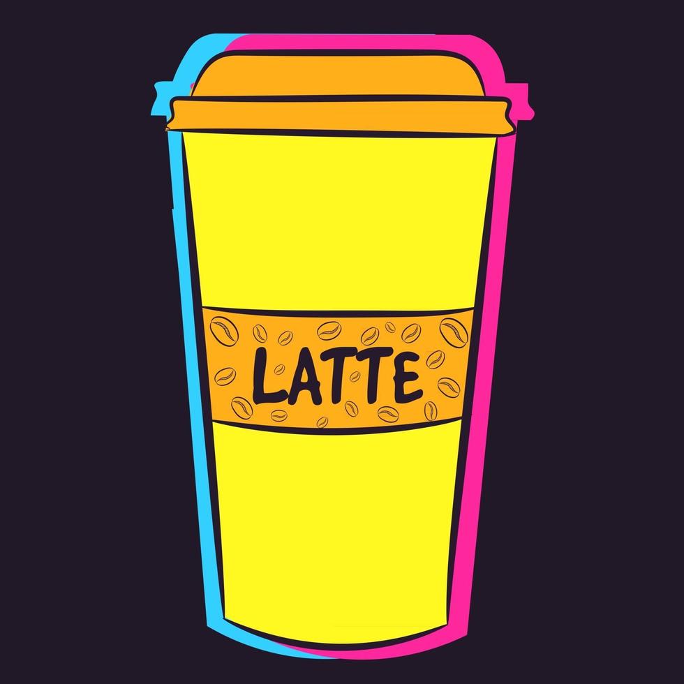 Neon plastic cup of coffee with a name written on it. Liquid Latte with caffeine in a yellow container vector