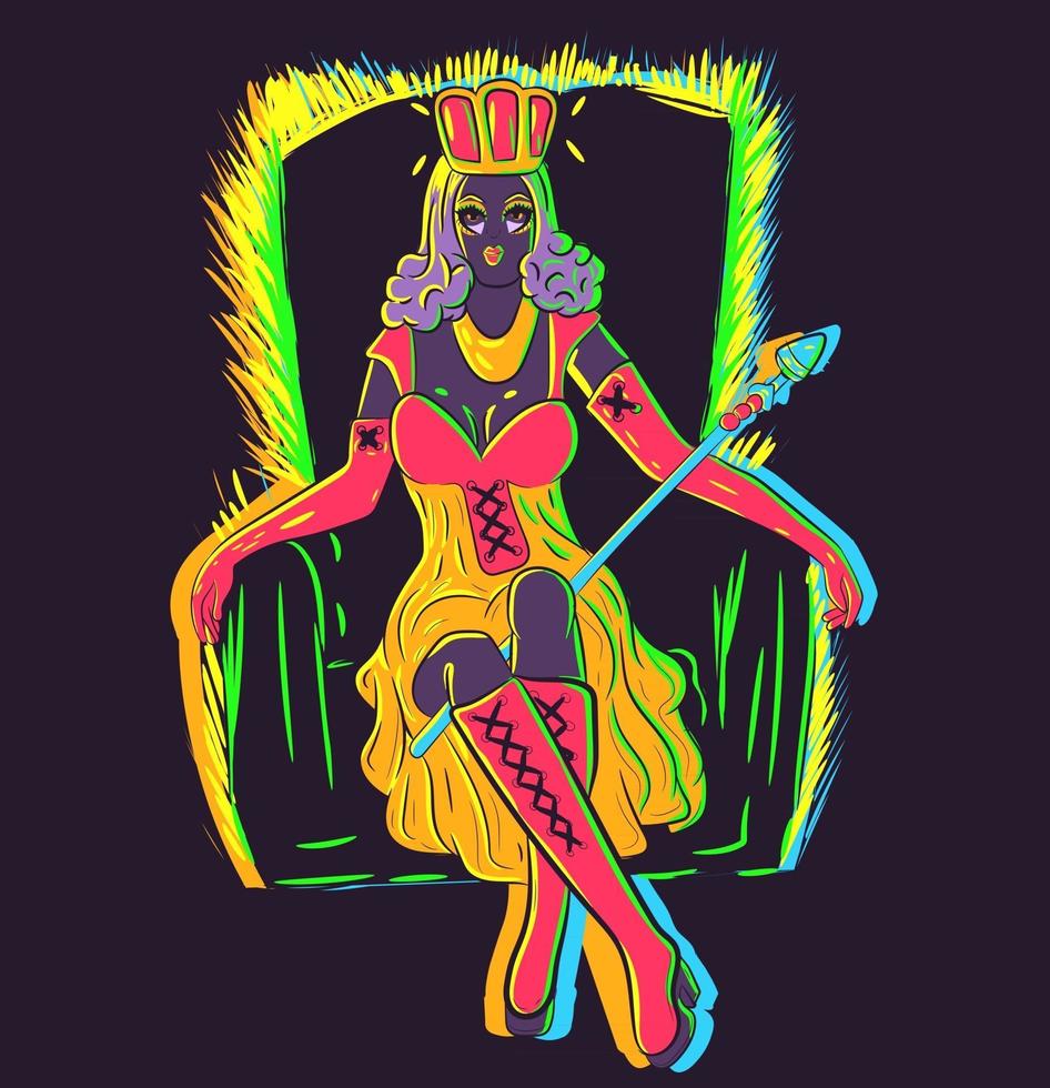 Vector of a drag queen under neon lights sitting on a royal throne. Conceptual art of a wealthy woman with a crown and a scepter. Medieval character in a velvet dress with red boots and a golden dress