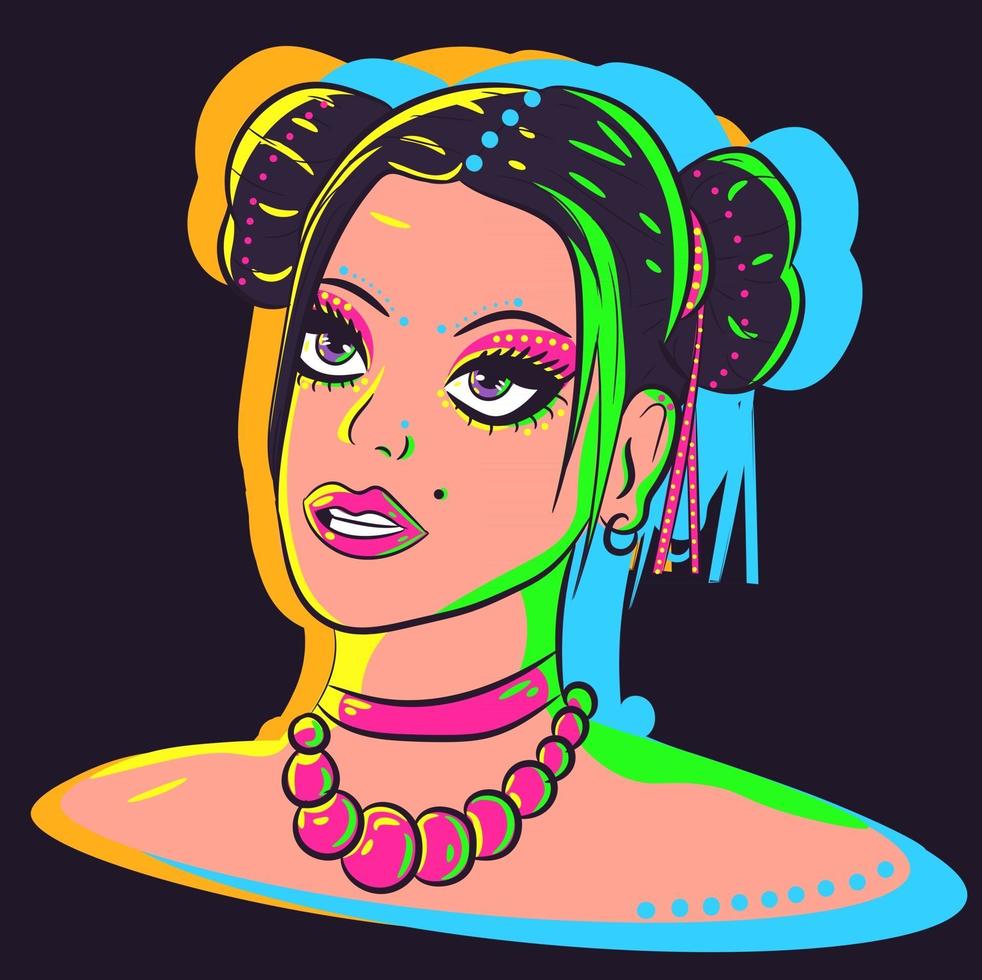 Neon illustration of a woman with double bun hairstyle and accessories  glowing in the dark. Vector art with the portrait of a young female under  UV lights. 2635580 Vector Art at Vecteezy