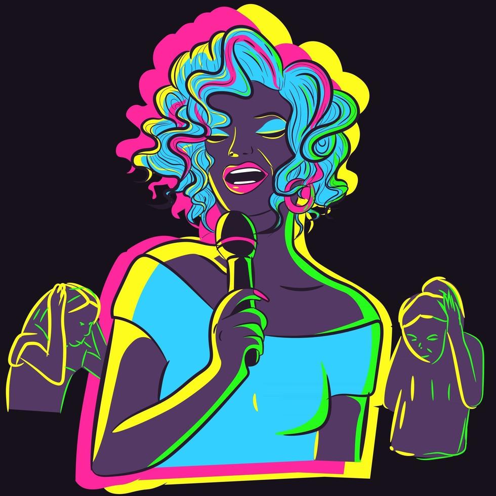 Ilustración de una terrible cantante cantando karaoke al micrófono. mal intérprete con el pelo brillante de neón sosteniendo un micrófono. vector