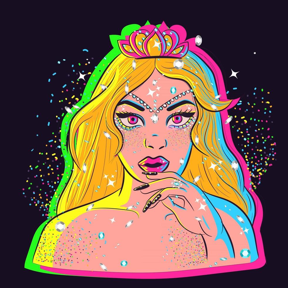 Arte conceptual de una mujer rubia cubierta de diamantes, polvo de purpurina y destellos mágicos.princesa bajo luces de neón con una tiara, oro y perlas vector