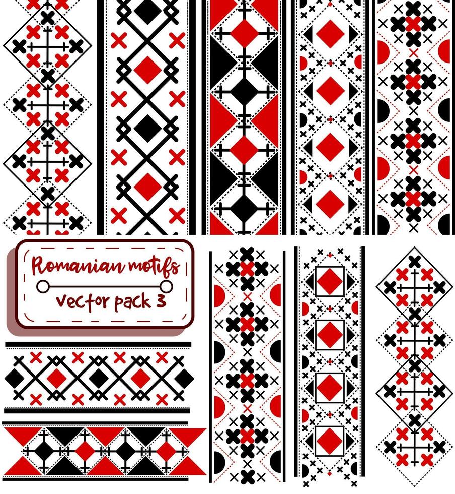 Vector pack with romanian and moldavian seamless patterns and title borders. Collection of balkan folkloric and national motifs with black and red shades. Bulgarian and hungarian fabric and textures.