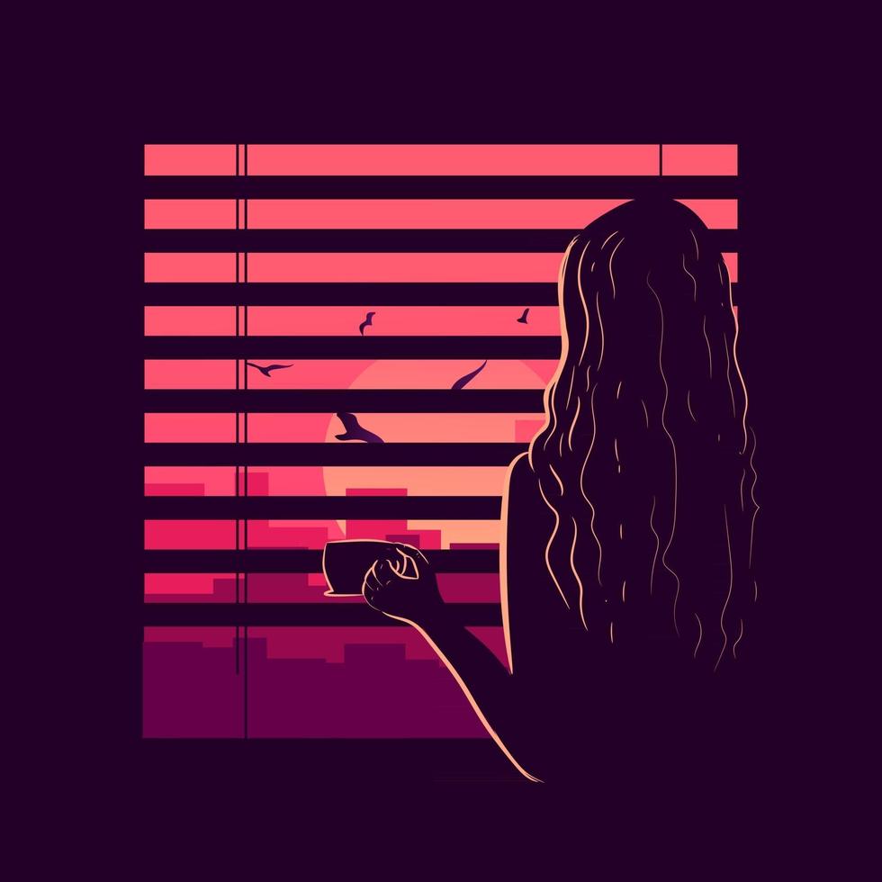 Vector art of a woman in her apartment looking through the window and drinking coffee. Lady silhouette being bored at home and looking at the urban landscape. Afternoon sunset flat illustration.