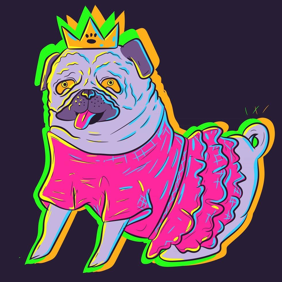 Cute neon pug in a pink tutu dress wearing a crown. Vector art of an animal in a costume under UV glowing lights. Small adorable dog sitting and showing its tongue