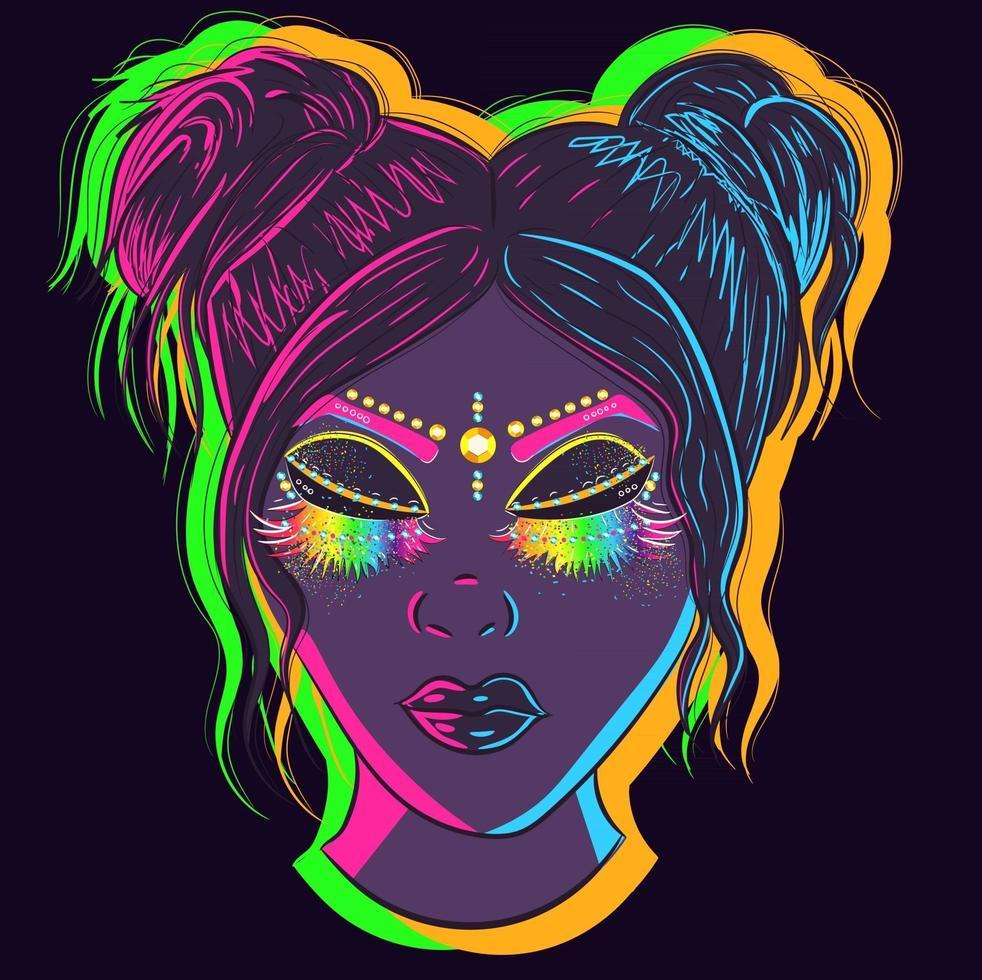 Woman glowing under neon lights with fabulous glitter makeup, rhinestones and enormous rainbow eyelashes. Cartoon character face of a woman with festival and carnival look. vector