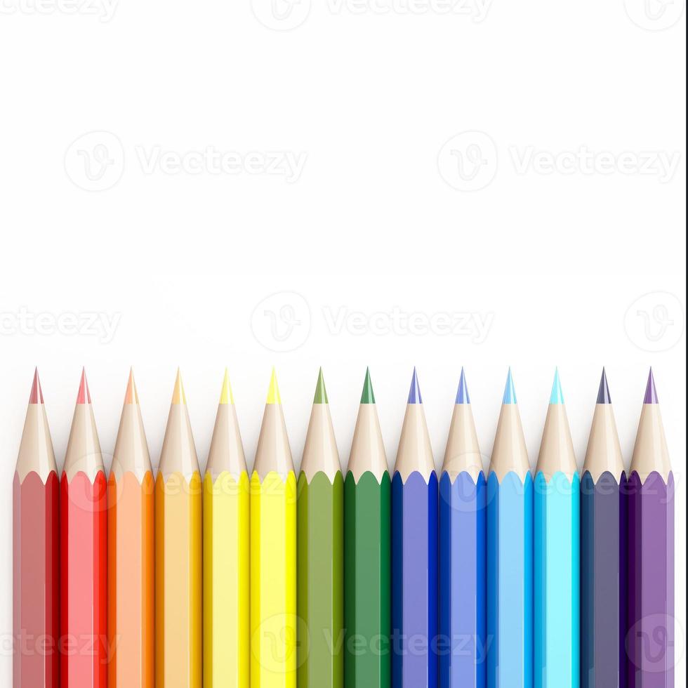 Representación 3D de lápices de colores sobre fondo blanco. foto