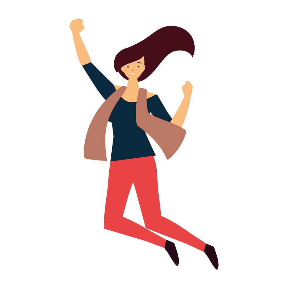 young woman jumping hands up celebrating white background vector