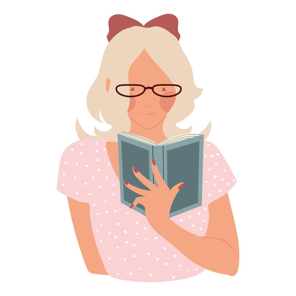 mujer rubia, llevando gafas, libro de lectura vector