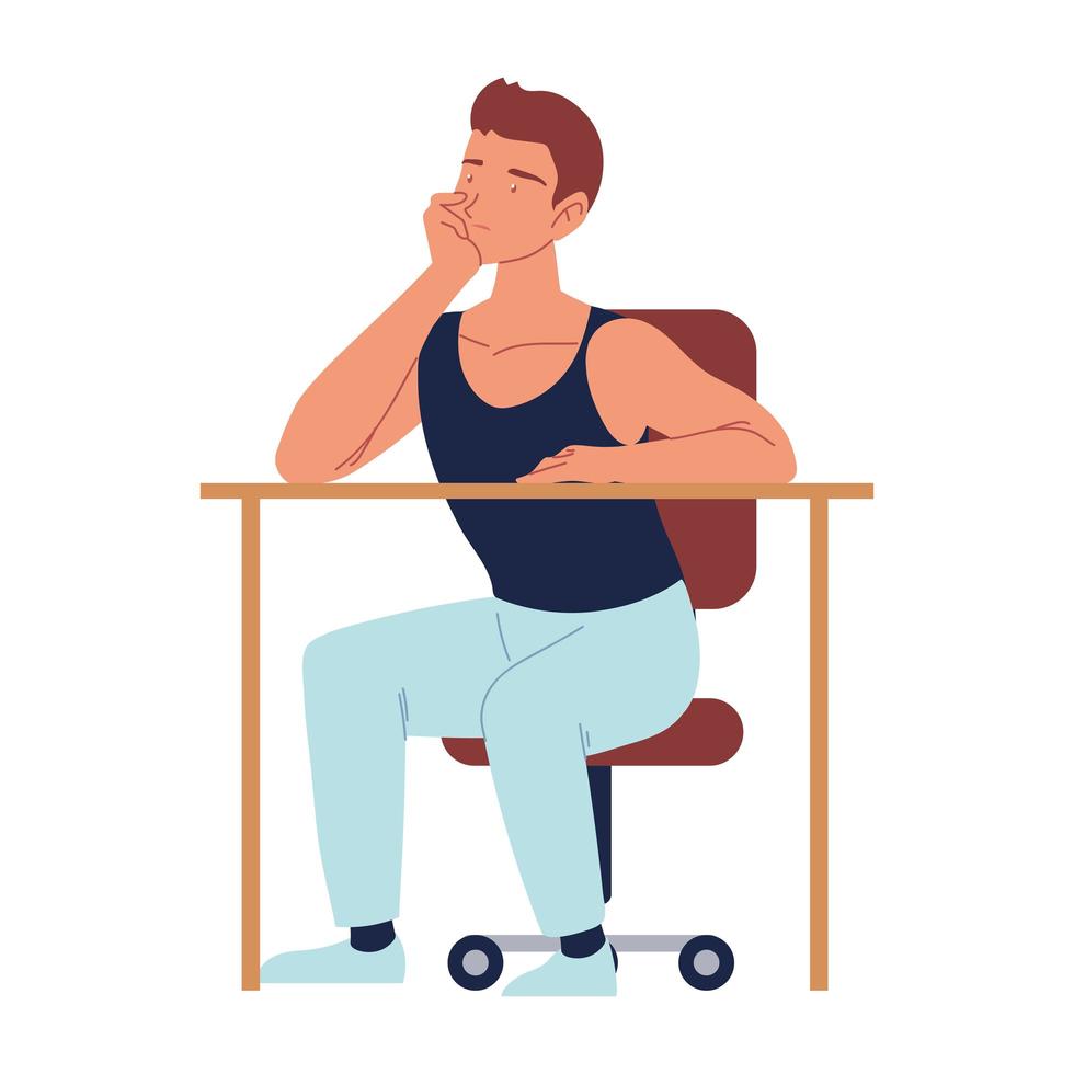 bored man sitting on the chair with desk, procrastination isolated design vector