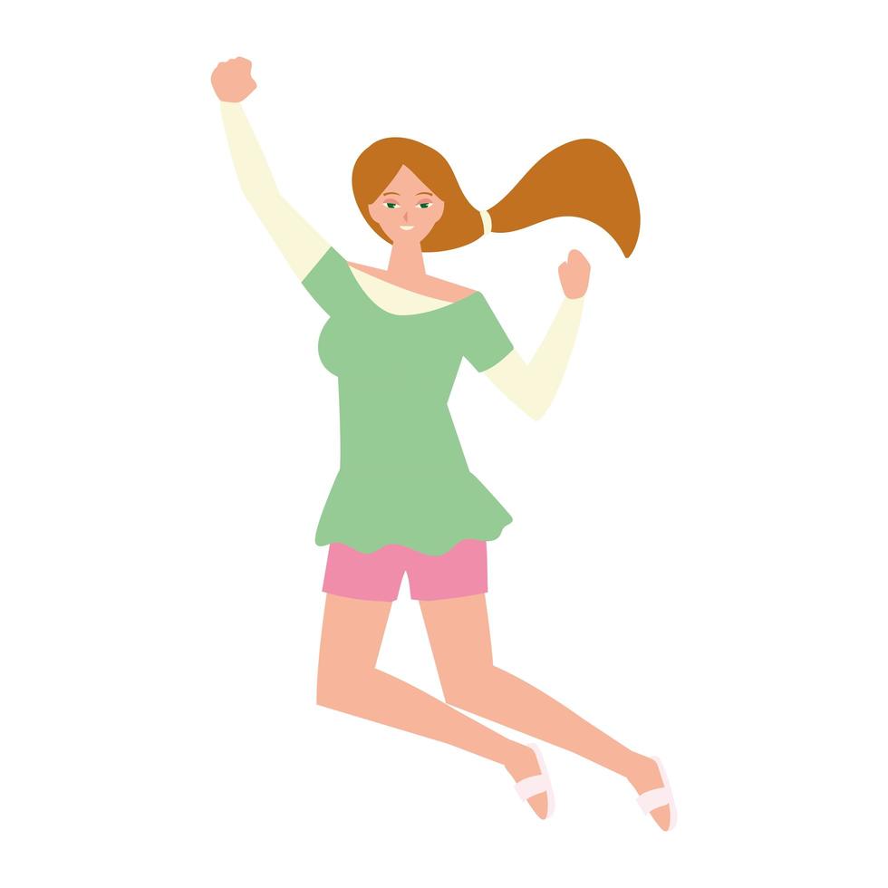 young woman raised hands celebrating white background vector