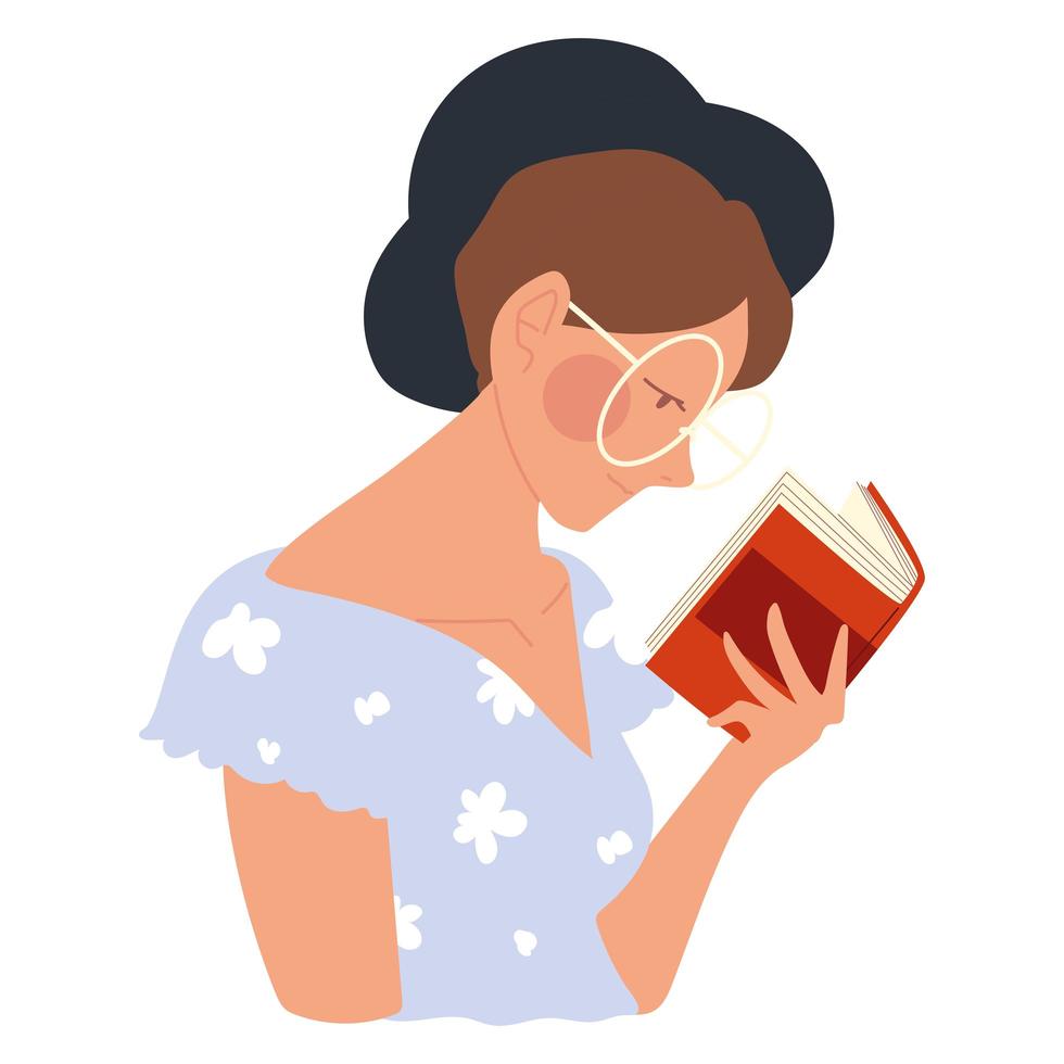 mujer con gafas leyendo un libro, diseño vectorial vector