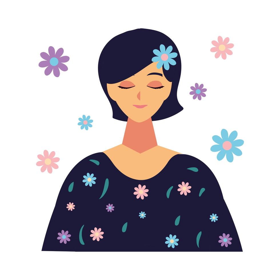 retrato, de, mujer joven, con, flores, decoración vector