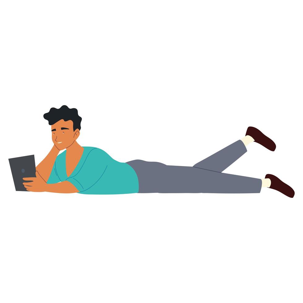 young man with smartphone lying on floor, procrastinating isolated design vector