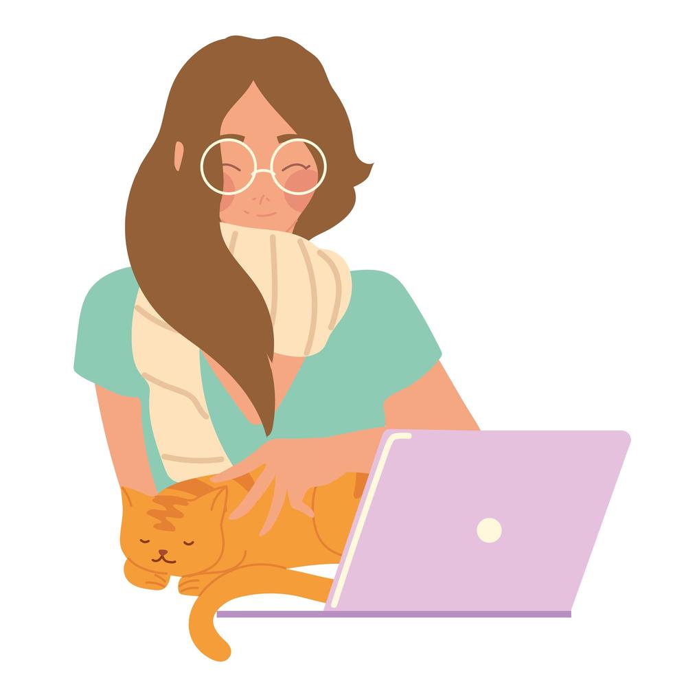 woman working with laptop and cat, vector design