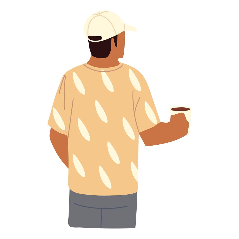 man character wearing sport cap with coffee cup, back view vector