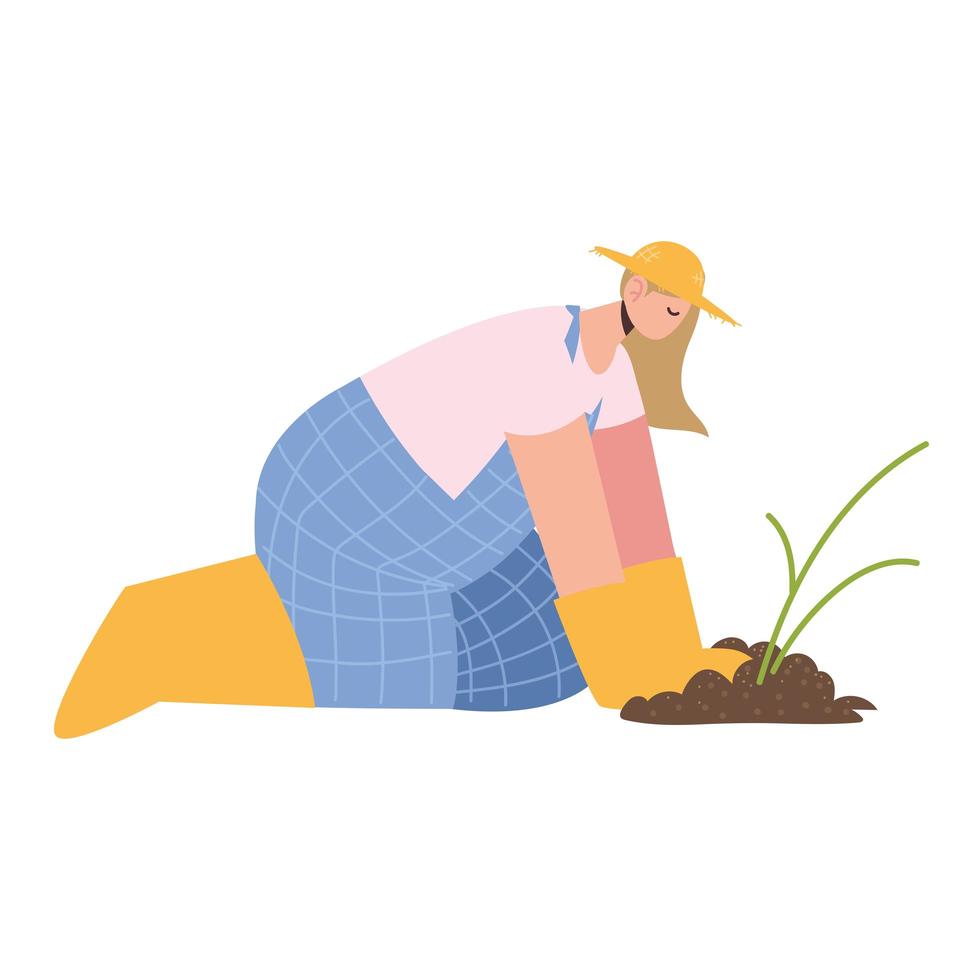 farm and agriculture female farmer planting in soil vector