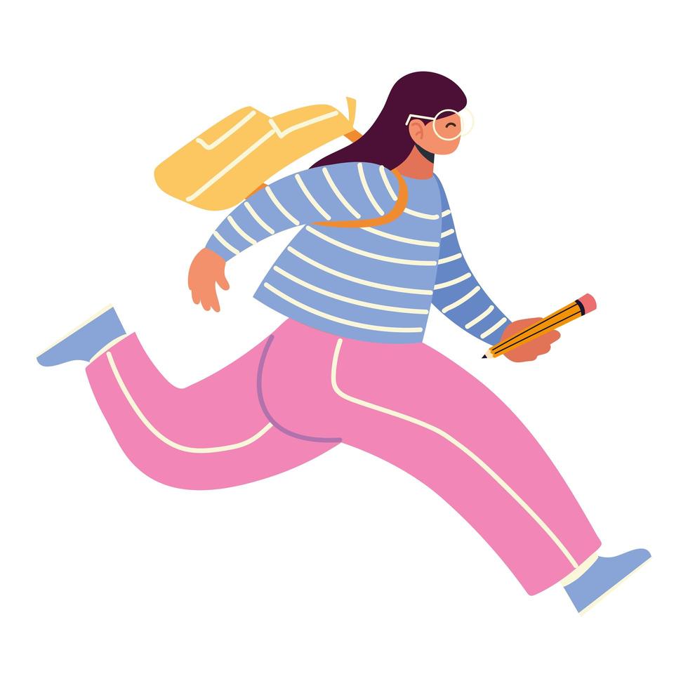 back to school, student with bag and pencil running vector