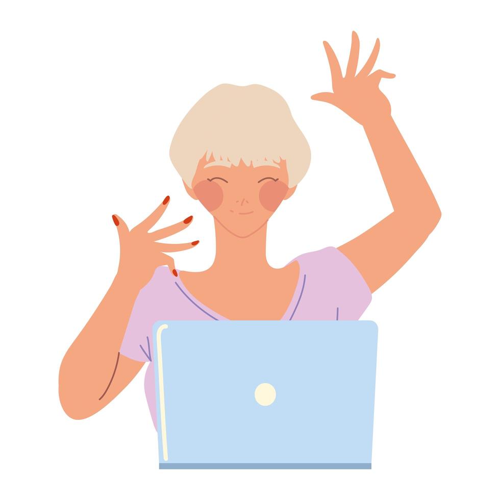 happy woman working with laptop device, vector design