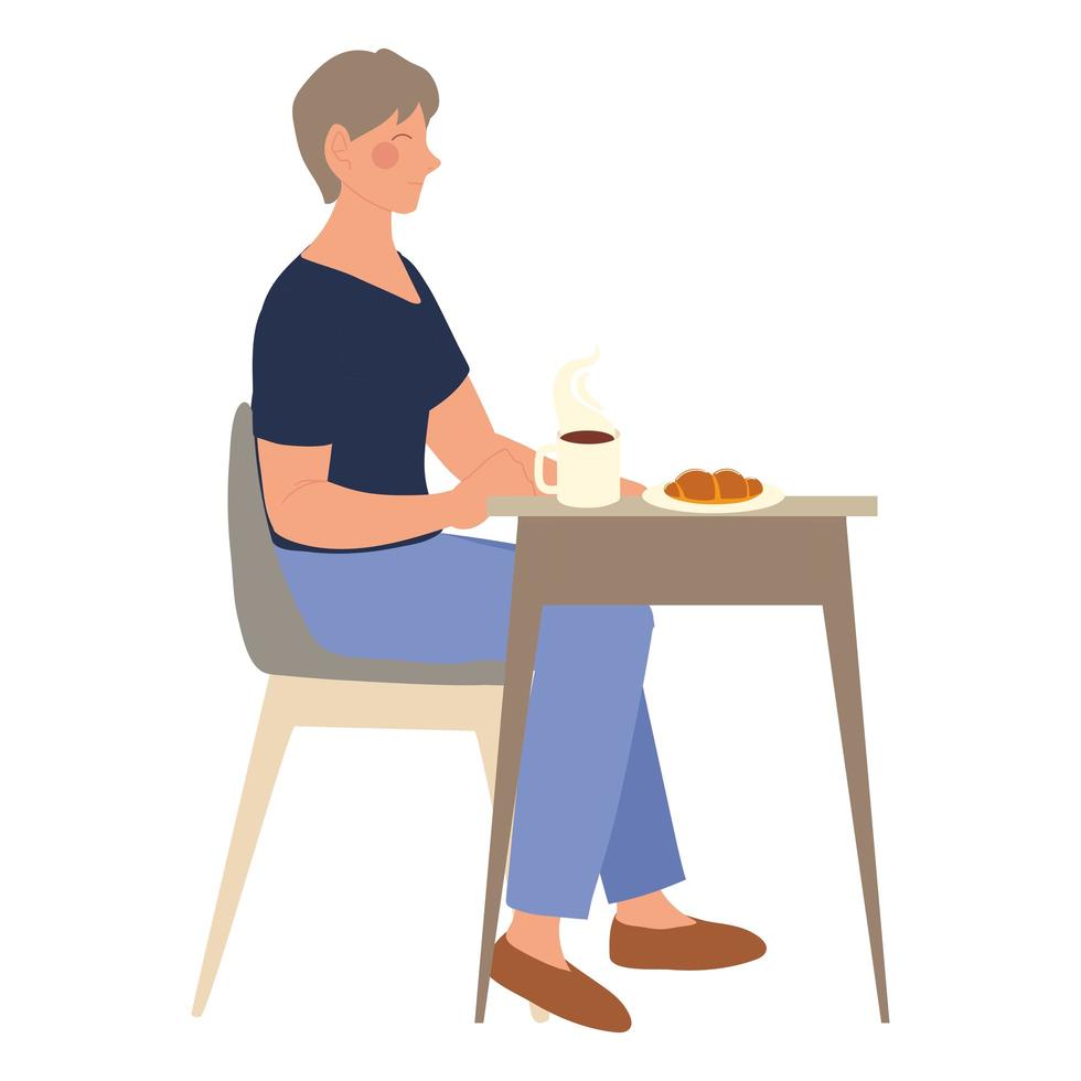 Mujer sentada en la mesa de café con taza y croissant vector