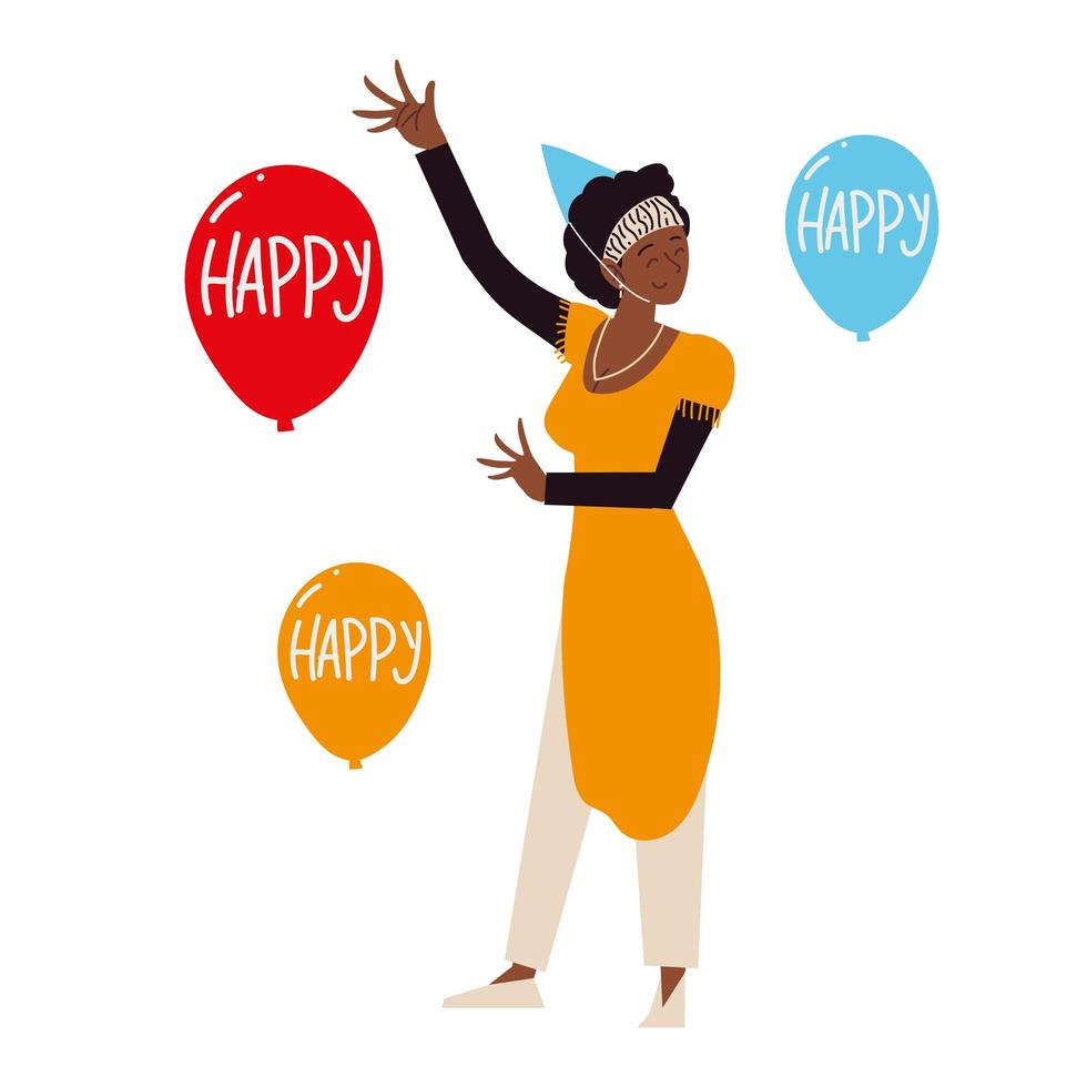 Feliz mujer afroamericana con gorro de fiesta y globos vector