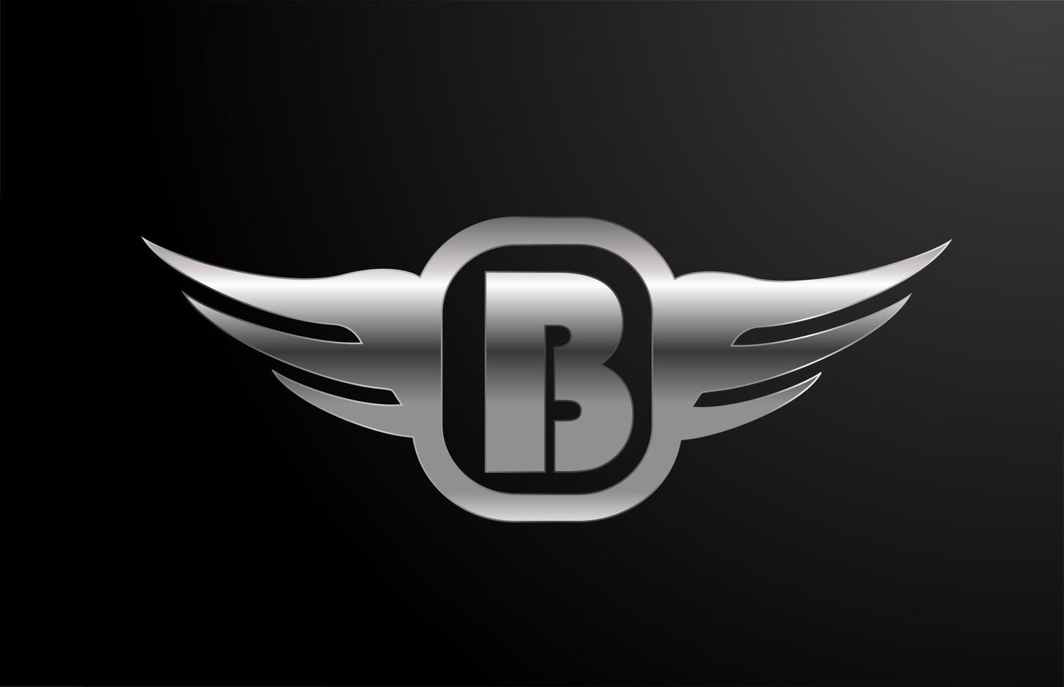 B letter logo alphabet for business and company with wings and silver color. Corporate lettering and brading with metal design icon vector