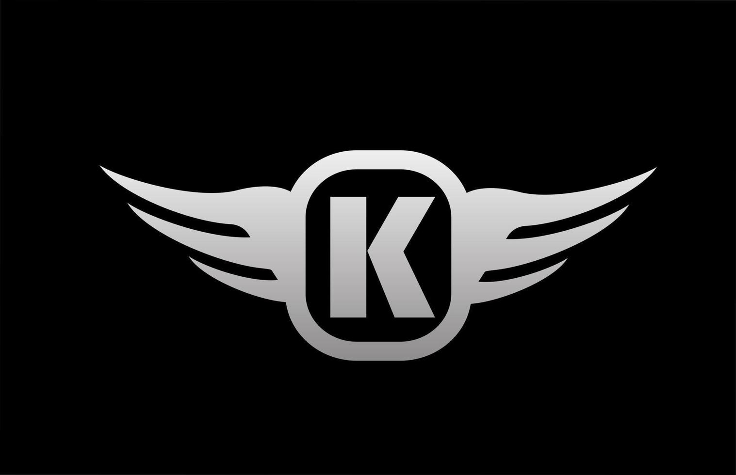 Logo de letra del alfabeto K para negocios y empresa con alas y color gris blanco y negro. icono de rotulación y marca corporativa con diseño simple vector