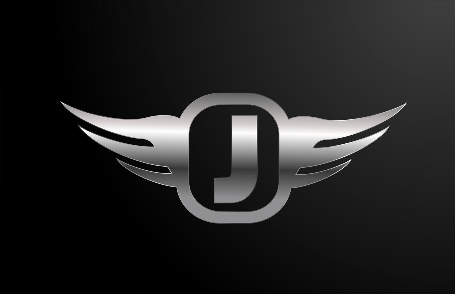 Alfabeto del logotipo de letra j para negocios y empresa con alas y color plateado. rotulación corporativa y brading con icono de diseño de metal vector
