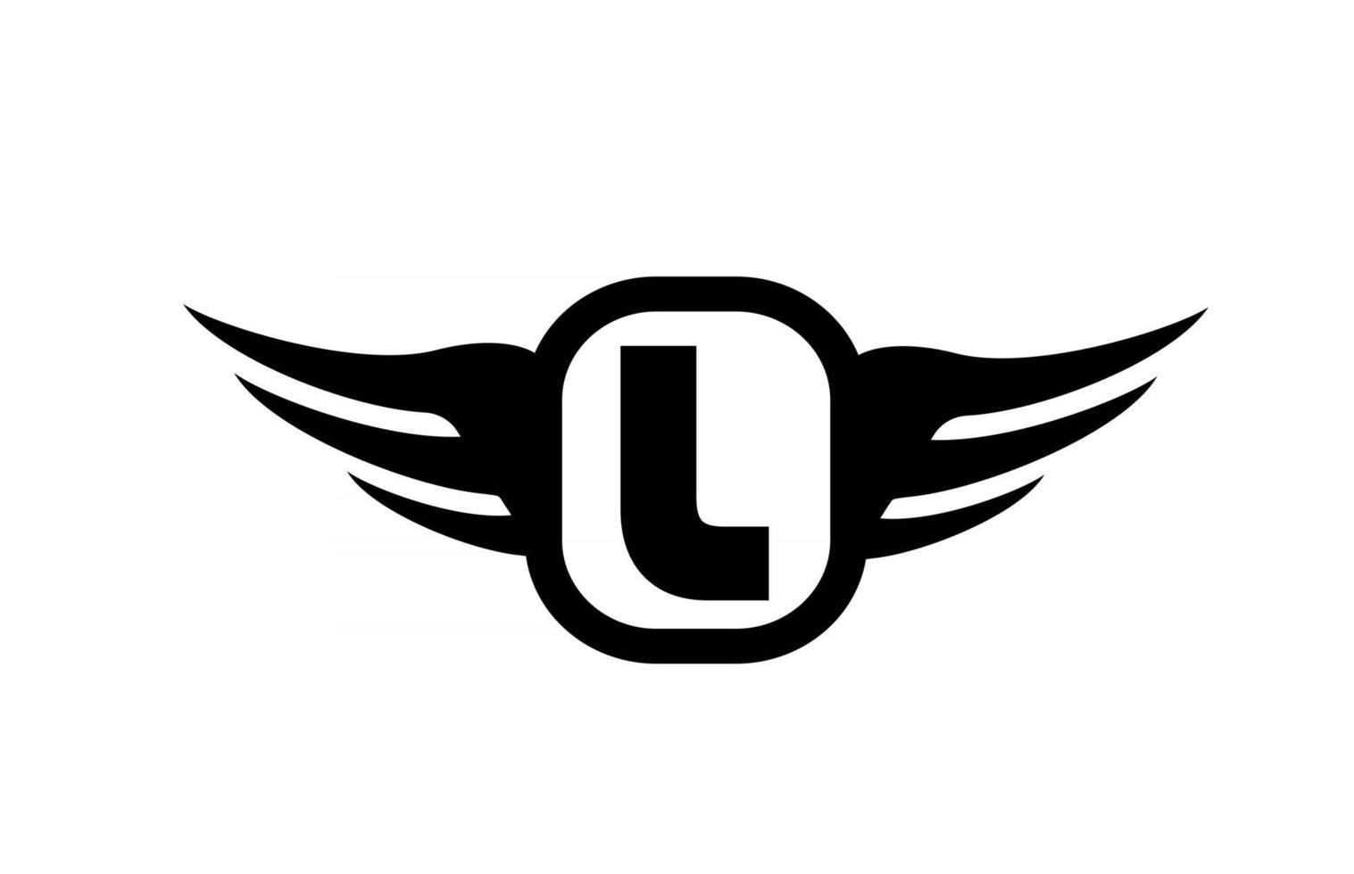 L alphabet letter logo for business and company with wings and black and white color. Corporate brading and lettering icon with simple design vector