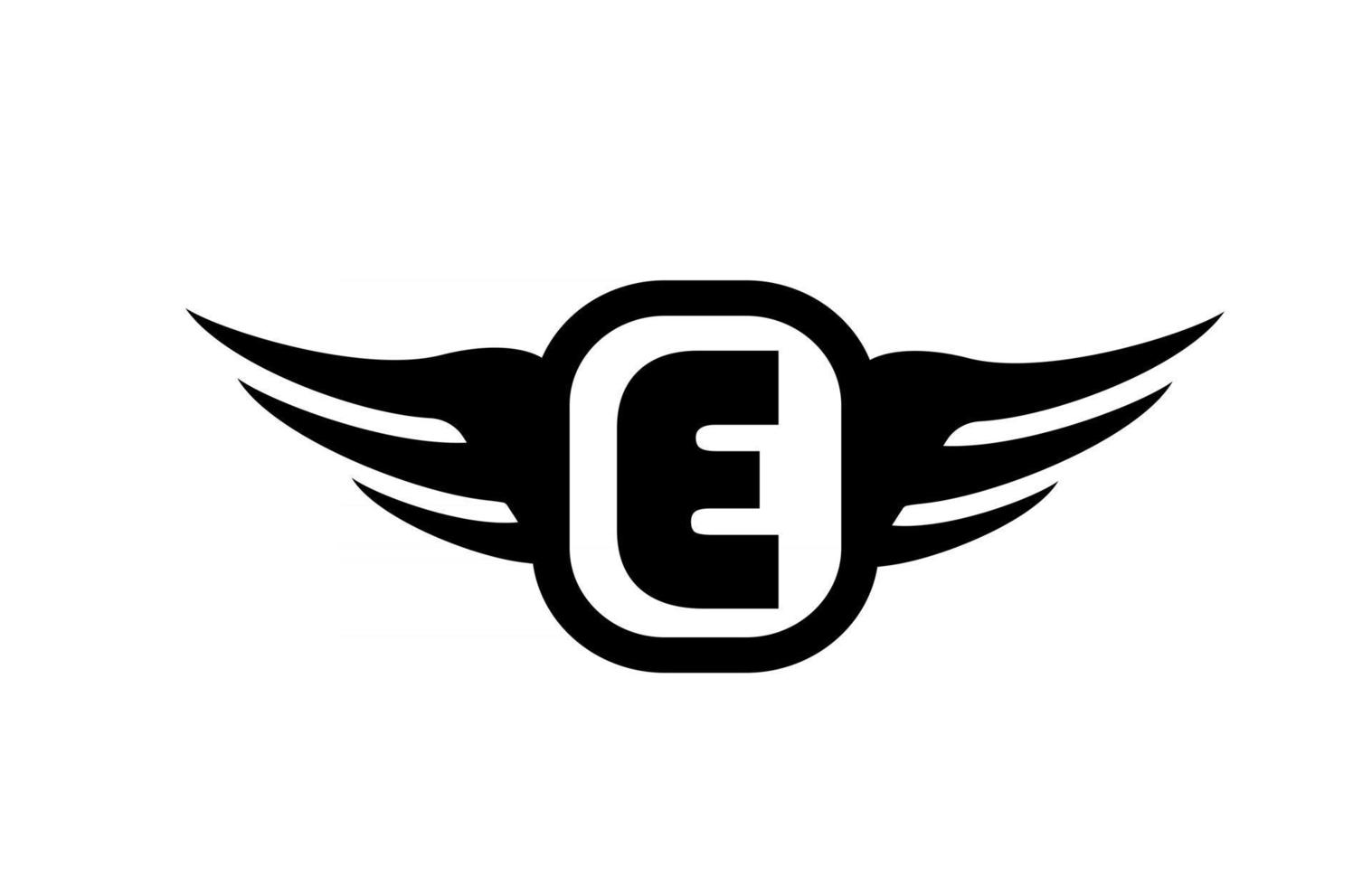 Logo de letra del alfabeto e para negocios y empresa con alas y color blanco y negro. icono de rotulación y marca corporativa con diseño simple vector