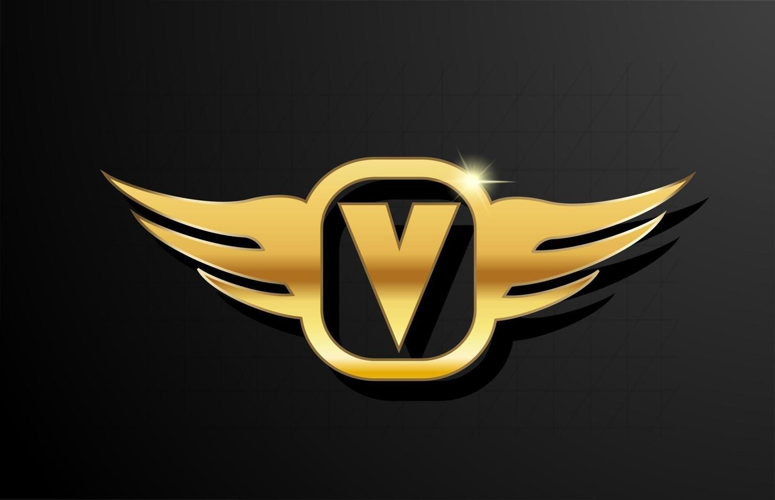 V gold letter logo alphabet for business and company with yellow color. Corporate brading and lettering with golden metal design and wing vector